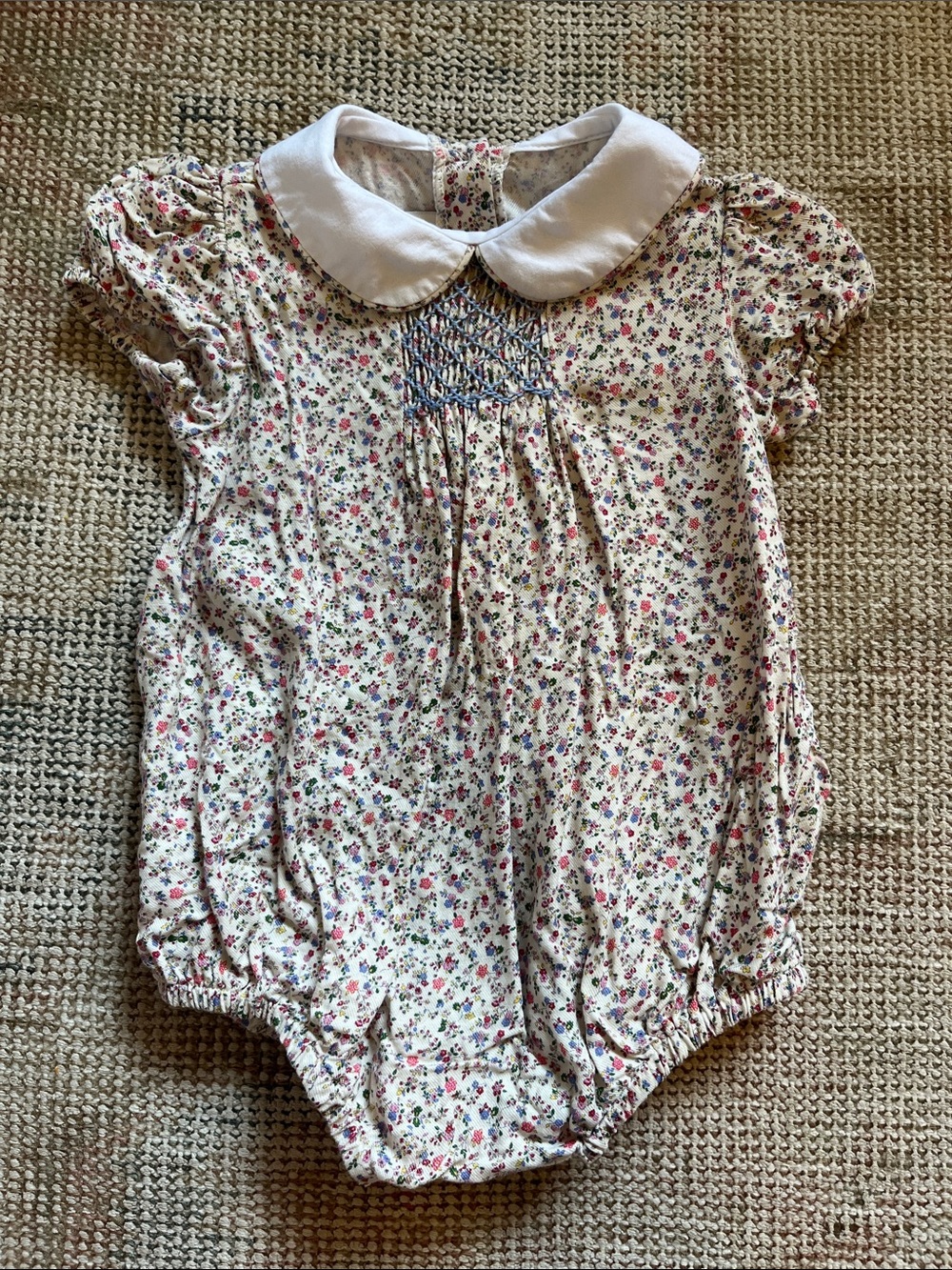 Ruth & Ralph Floral Bubble with Peter Pan Collar and Smocking - size 6 mos